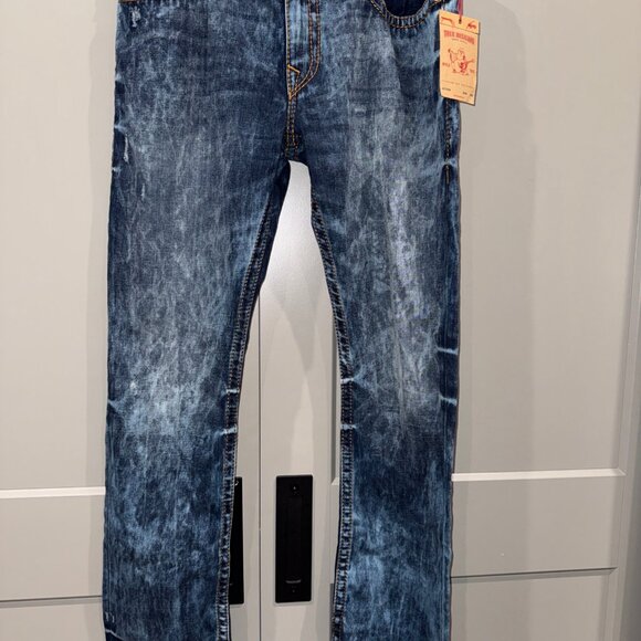 NWT True Religion Jeans Men 38X36 Blue Straight Leg Big T Flap Pocket